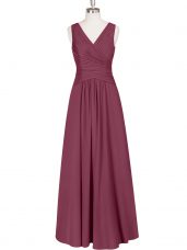 Burgundy Chiffon Zipper Homecoming Dress Sleeveless Floor Length Ruching