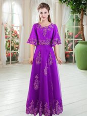 Modern Scoop Half Sleeves Homecoming Dress Floor Length Lace Purple Tulle