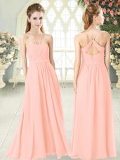 Pink Chiffon Criss Cross Halter Top Sleeveless Floor Length Homecoming Dress Ruching