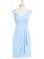Light Blue Homecoming Dress Prom and Party and Military Ball with Appliques and Ruching V-neck Cap Sleeves Zipper