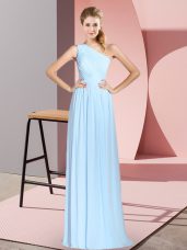 Sleeveless Floor Length Ruching Lace Up Prom Dresses with Blue