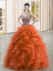 Sleeveless Floor Length Beading and Ruffles Lace Up Quinceanera Gowns with Rust Red