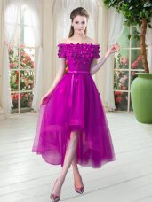 High Quality Short Sleeves Tulle High Low Lace Up Prom Party Dress in Fuchsia with Appliques