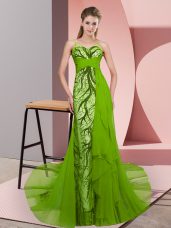 Elegant Green Prom Party Dress Tulle Sweep Train Sleeveless Beading and Lace