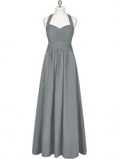 Grey Chiffon Zipper Halter Top Sleeveless Floor Length Ruching