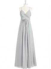 Shining Spaghetti Straps Sleeveless Prom Party Dress Floor Length Ruching Grey Chiffon