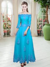 Sexy Floor Length Blue Prom Gown Off The Shoulder 3 4 Length Sleeve Lace Up