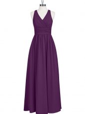 Eggplant Purple V-neck Zipper Ruching Prom Party Dress Sleeveless