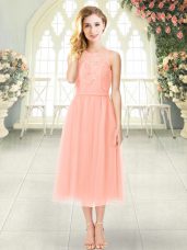 Customized Peach Empire Lace Prom Evening Gown Zipper Chiffon Sleeveless Tea Length