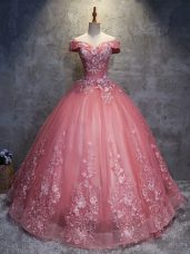 Fashionable Watermelon Red Sleeveless Tulle Lace Up Sweet 16 Quinceanera Dress for Military Ball and Sweet 16 and Quinceanera