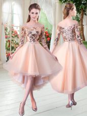 Enchanting Peach 3 4 Length Sleeve Sequins High Low Dress for Prom