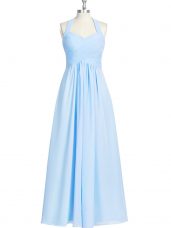 Blue Zipper Prom Dress Ruching Sleeveless Floor Length