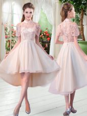 Champagne Tulle Zipper Prom Dress Short Sleeves High Low Lace