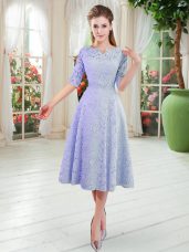 Blue Zipper V-neck Lace Homecoming Dress Half Sleeves