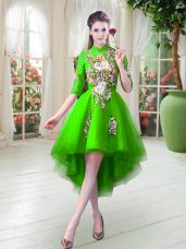 Luxury Green High-neck Zipper Appliques Prom Dresses Half Sleeves