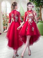 Red A-line High-neck Half Sleeves Tulle High Low Zipper Appliques Evening Dress