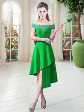 Satin Off The Shoulder Sleeveless Zipper Appliques Prom Evening Gown in Green