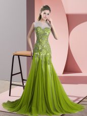 Graceful Olive Green Sleeveless Sweep Train Beading and Appliques Prom Party Dress