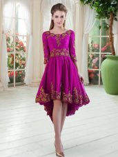 Purple A-line Embroidery Prom Dress Lace Up Tulle Long Sleeves High Low