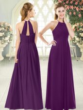 Artistic Halter Top Sleeveless Prom Dress Floor Length Ruching Purple Chiffon