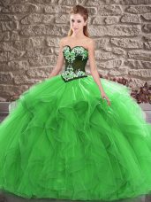 Green Tulle Lace Up Sweetheart Sleeveless Floor Length Ball Gown Prom Dress Beading and Embroidery