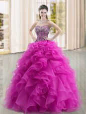 Sweetheart Sleeveless Quinceanera Gown Floor Length Beading and Ruffles Fuchsia Organza