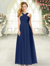 Navy Blue Zipper Straps Ruching Prom Dress Chiffon Sleeveless