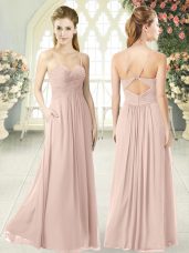 Lovely Pink Criss Cross Dress for Prom Ruching Sleeveless Floor Length