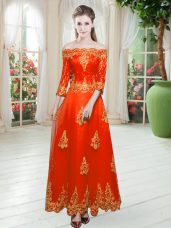 Decent Floor Length Orange Red Prom Gown Tulle 3 4 Length Sleeve Lace