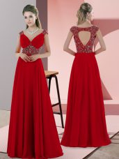 Lace Up Evening Dress Red for Prom and Party with Beading Sweep Train