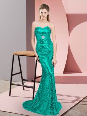 Turquoise Column/Sheath Sequined Scoop Sleeveless Beading Lace Up Prom Evening Gown Sweep Train