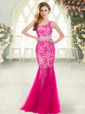 Hot Pink Sleeveless Floor Length Beading and Lace Zipper Evening Dress