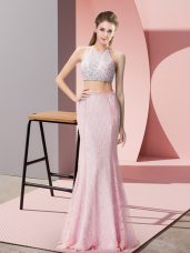 Pink Halter Top Neckline Beading Sleeveless Backless