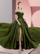 Olive Green Backless Prom Evening Gown Beading Sleeveless Sweep Train