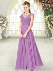 Lovely Lilac Empire V-neck Cap Sleeves Chiffon Ankle Length Zipper Lace Prom Party Dress