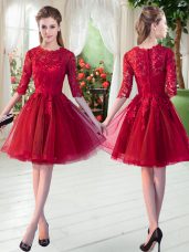 Wine Red A-line Lace Prom Dress Zipper Tulle Half Sleeves Knee Length