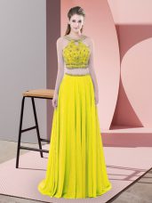 Romantic Yellow Two Pieces Beading Evening Dress Backless Chiffon Sleeveless