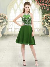 Green Sleeveless Beading Knee Length Prom Dress