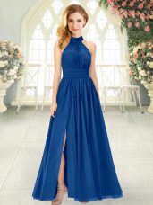 Blue Chiffon Zipper Prom Evening Gown Sleeveless Ankle Length Ruching