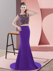 Adorable Purple Backless Scoop Beading Prom Dress Satin Sleeveless Sweep Train