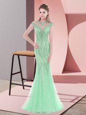 Fashion Beading Prom Gown Apple Green Zipper Cap Sleeves Sweep Train