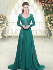 Green Long Sleeves Beading and Lace Backless Evening Dress