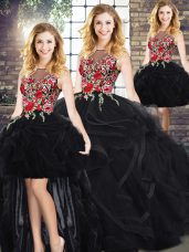 Discount Scoop Sleeveless Sweet 16 Quinceanera Dress Floor Length Embroidery and Ruffles Black