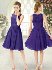 Purple Empire Chiffon Scoop Sleeveless Lace Knee Length Zipper Evening Dress