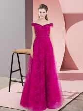 Stylish Fuchsia Evening Dress Prom and Party with Beading and Lace Off The Shoulder Sleeveless Lace Up