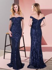 Eye-catching Navy Blue Zipper Off The Shoulder Ruching Evening Dress Sequined Sleeveless