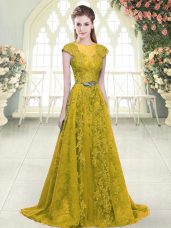Extravagant Sweep Train A-line Homecoming Dress Gold Scoop Tulle Cap Sleeves Zipper