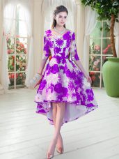 Sumptuous White And Purple Scoop Lace Up Belt Prom Dresses Half Sleeves