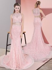 Pink Prom Dresses Lace Court Train Sleeveless Beading