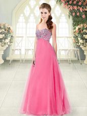 Hot Pink Lace Up Dress for Prom Beading Sleeveless Floor Length